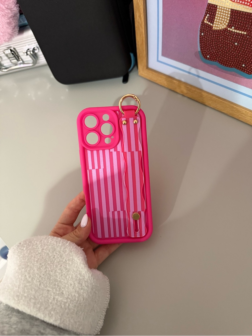 Pink Stripe Handstrap Phone Case with Ring - Blank Brand IPHONE 16 PRO MAX